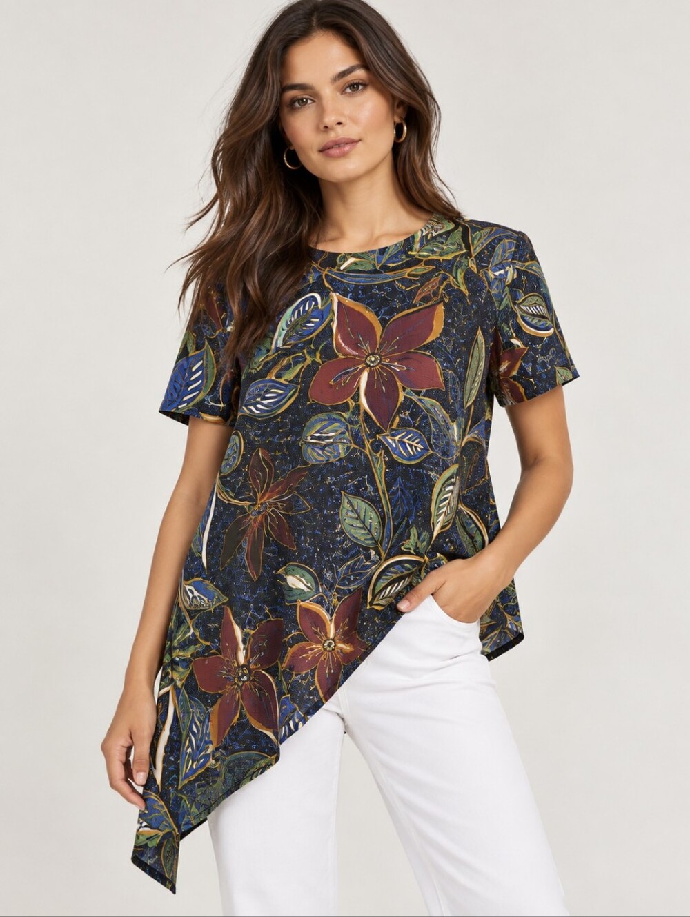 Zara Batik Floral Asymmetrical Tunic Top Multicolor Size M